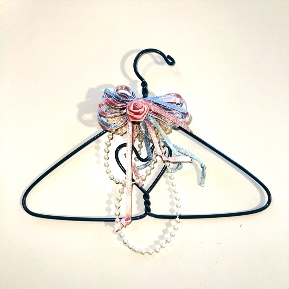 Handmade Decorative Teal Green Wire Hanger with Pink Ribbon & Pearls 0028
